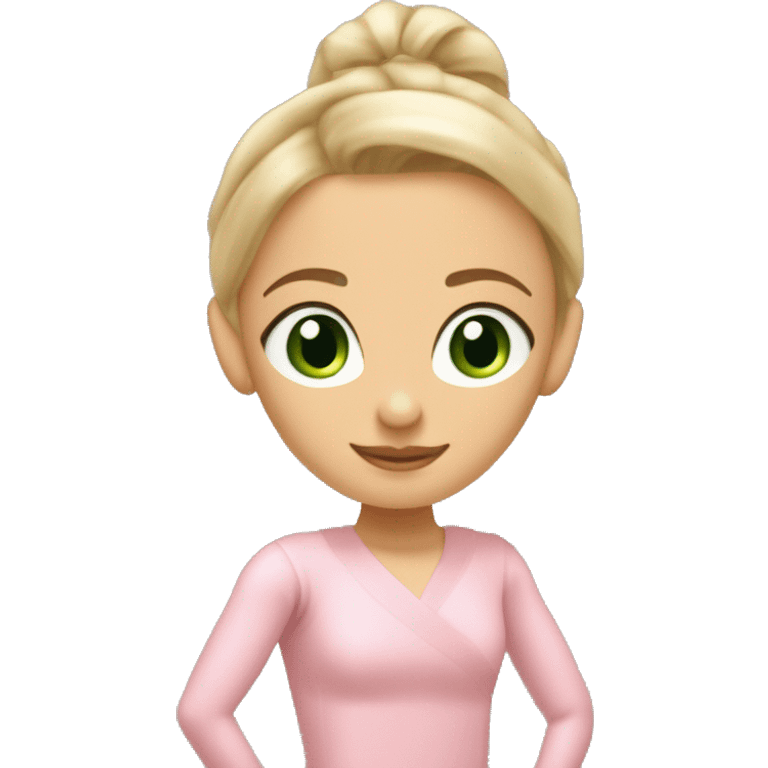 Blonde green eyed girl in a pink Pilates outfit with a beige ballet wrap Cardigain around. Medium tanned. And hair in a ponytail emoji