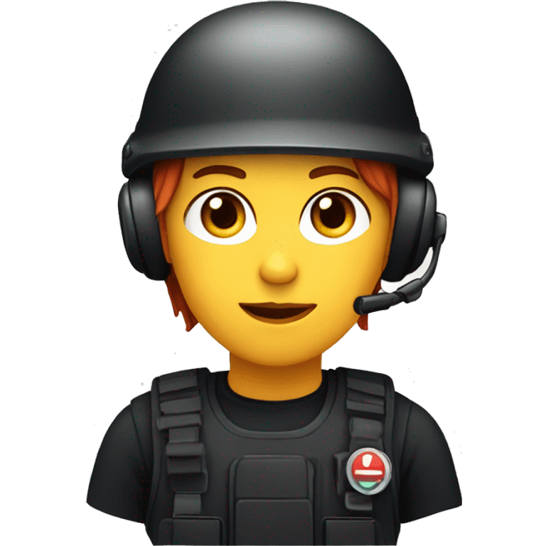 operator dressed in black with a milatary helmet, without glasses, wearing a headset, ready to respond to alerts, preferably red-haired female  emoji