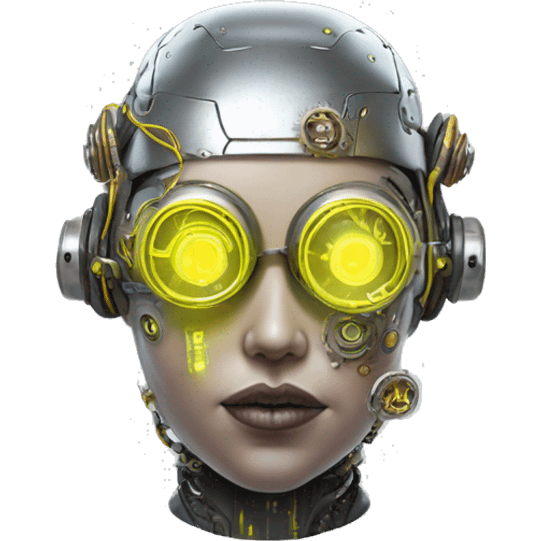 Fat faced Caucasian female cyborg head with Neon yellow bobbed hair, silver steampunk goggles and circuits emoji