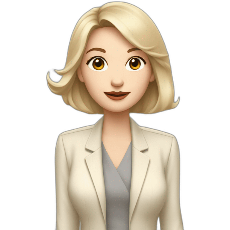 Full height Actively gesturing with hands pale skin woman with ash blonde Straightened bob Hair, White Spacious classical jacket, beige palazzo Arrow pants and gray blouse emoji