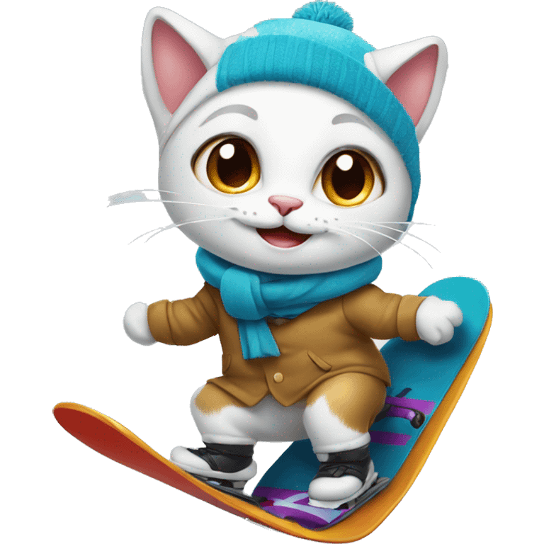 Happy cat on a snowboard wearing a suit emoji