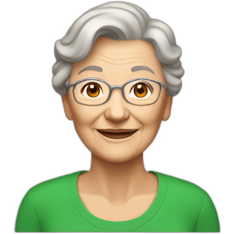 Smiling elderly woman in green jersey no glasses. Light brown hair emoji