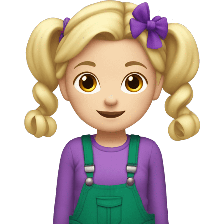 A little blonde girl with pigtails and little purple bows wearing a red long-sleeved shirt and purple overalls skirt with blue tights with green polka dots and purple sneakers. emoji