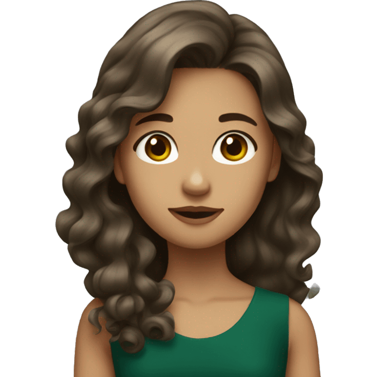 girl with brown long wavy hair, brown eyes, dark green dress emoji