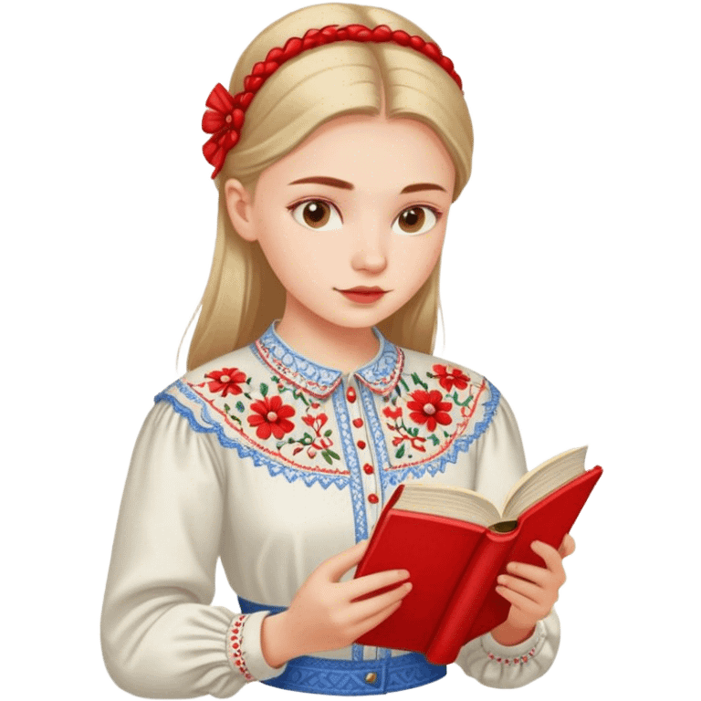 A Ukrainian girl in an embroidered shirt reads a red book emoji