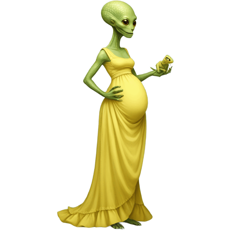 Pregnant reptilian alien woman, full body, in victorian jellow elegant dress emoji