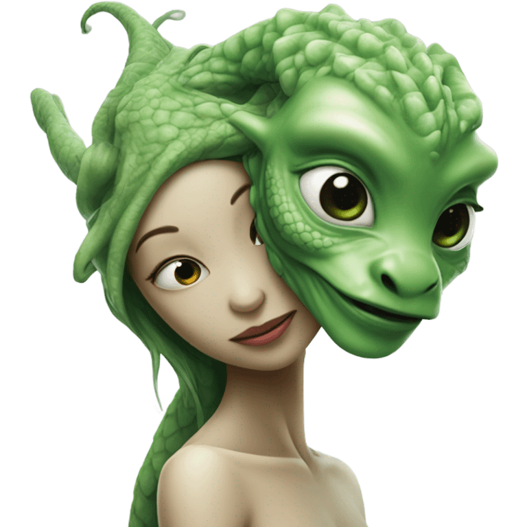 Photo realistic, alien female green, kissing and embracing china dragon emoji