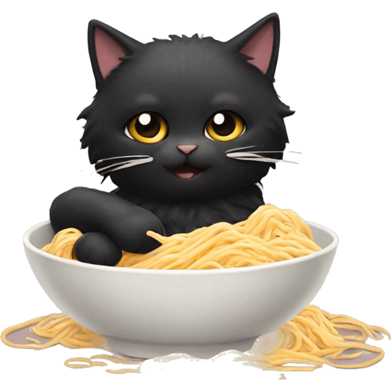 Fluffy black cat eating buldak noodles  emoji