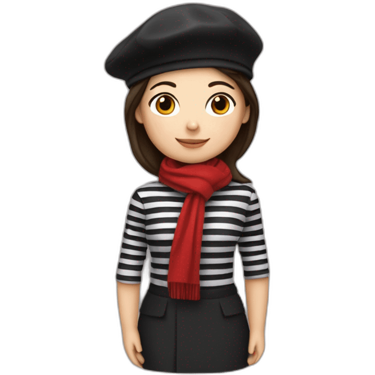 a french brunette girl with a beret, black and white striped clothes, a red scarf and a baguette on his back. emoji