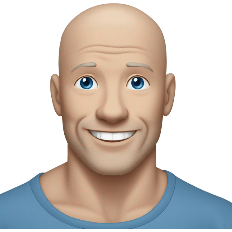 bald white mature man no beard blue eyes and blue tshirt Hugging large gray smiling pit bull emoji