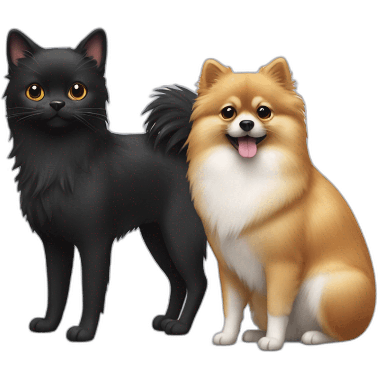 a pomeranian, a black cat and a gray mouse are standing next to each other emoji