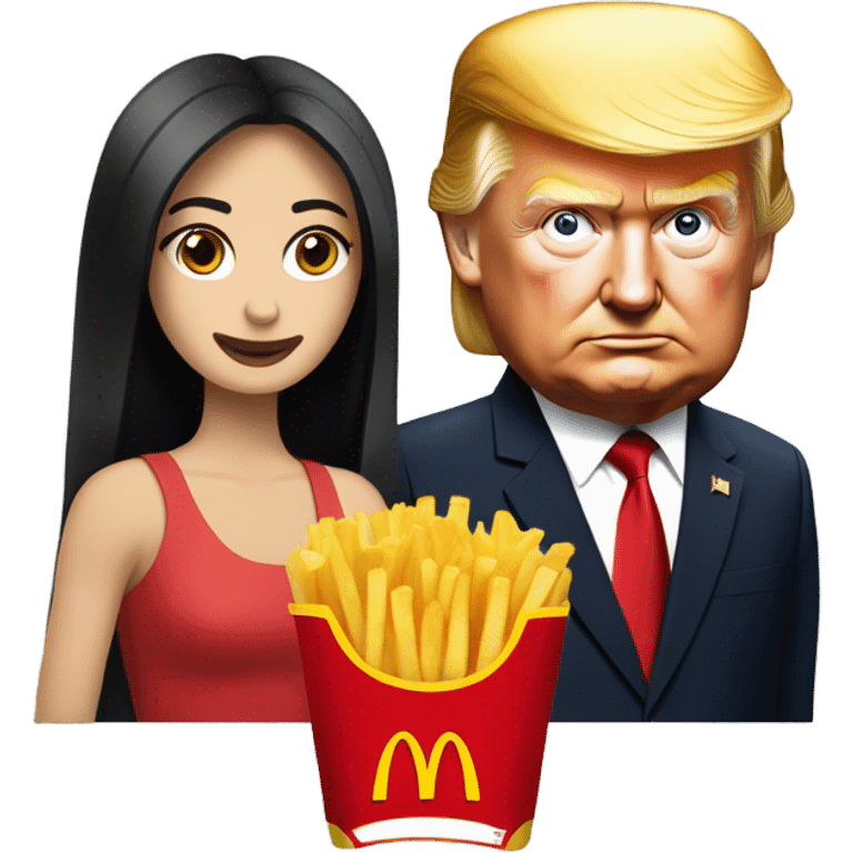 Trump holding McDonald’s French fries next to a beautiful white young lady dark long straight hair emoji