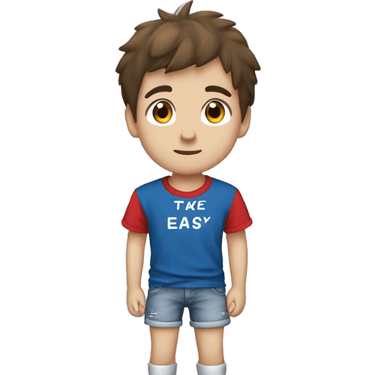 A boy with Brown hair, blue/gray eyes, blue t-shirt with a japaneese flag a jeans short and jordands, under da boy is a text that say´s take it easy emoji