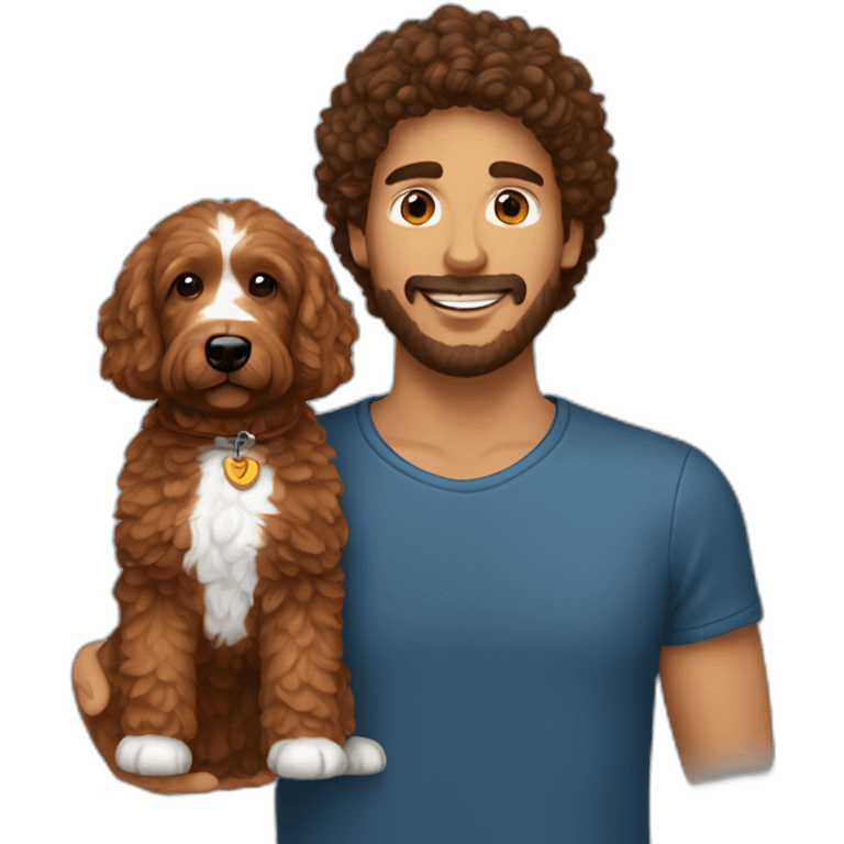 guy with dark brown hair holding red goldendoodle emoji