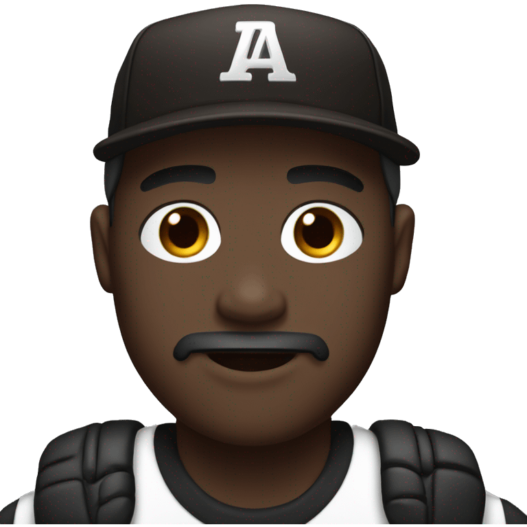 dark skin, goatee, brown eyes, black baseball cap emoji