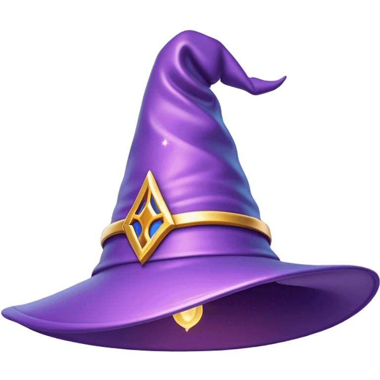 Clash of Clans aesthetic: Cinematic Playful Wizard's Hat Emoji, rendered in a 3D vector-style similar to standard emojis with minimal shading and bold, simplified shapes. A compact, isometric pointy hat with a wide brim adorned with mystical symbols and subtle enchanted shimmer, softly glowing with a magical whimsical charm. Simplified yet unmistakably iconic, highly detailed and consistent, glowing with a soft radiant glow and high shine. Stylized with a touch of classic sorcery and a soft glowing outline, capturing the essence of a legendary wizard’s hat with a friendly, playful manner! emoji