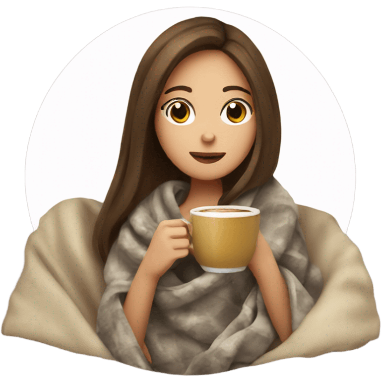 Brown hair Girl drinking coffee, with a cozy blanket emoji