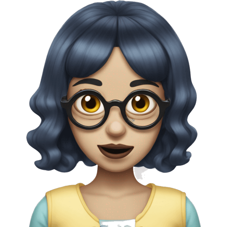 Melanie Martinez with split died hair, and with her 4 eyed mask on emoji