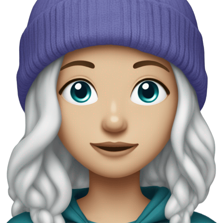 White girl, blue eyes, long teal hair, purple beanie hat, black hoodie, blue jeans, black shoes emoji