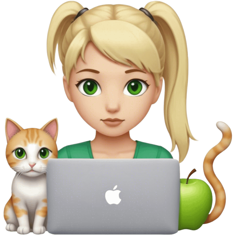 Blonde girl ponytail green eyes with apple MacBook and a cat emoji