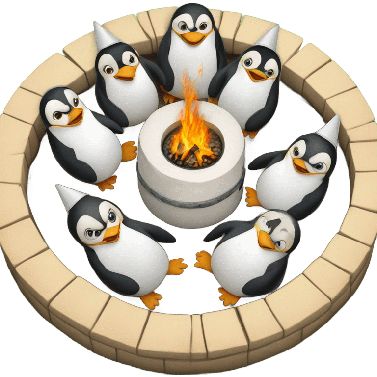 Penguins circling a fire pit while wearing all white duns caps emoji