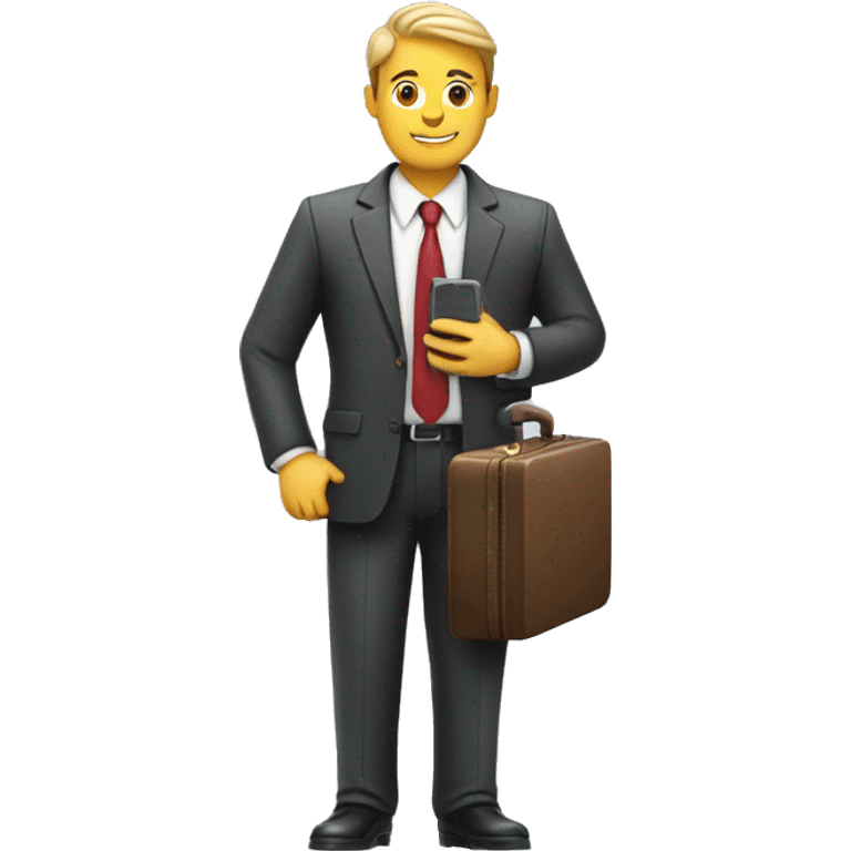 business man holding a suitcase and a phone emoji