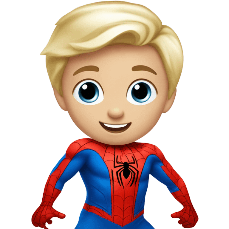 Blonde haired blue eyed toddler with short hair playing spiderman emoji