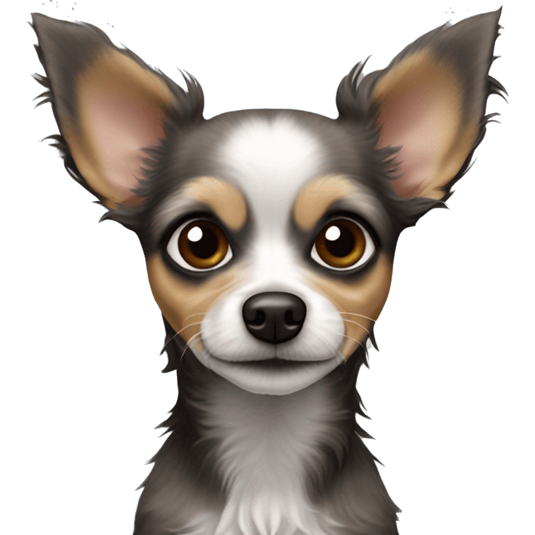 chihuahua poodle mix, small, dark, scruffy dog with large, expressive eyes and pointed ears. It has prominent ears that stand upright and a mix of gray and dark brown fur with some lighter areas around the face and chest emoji