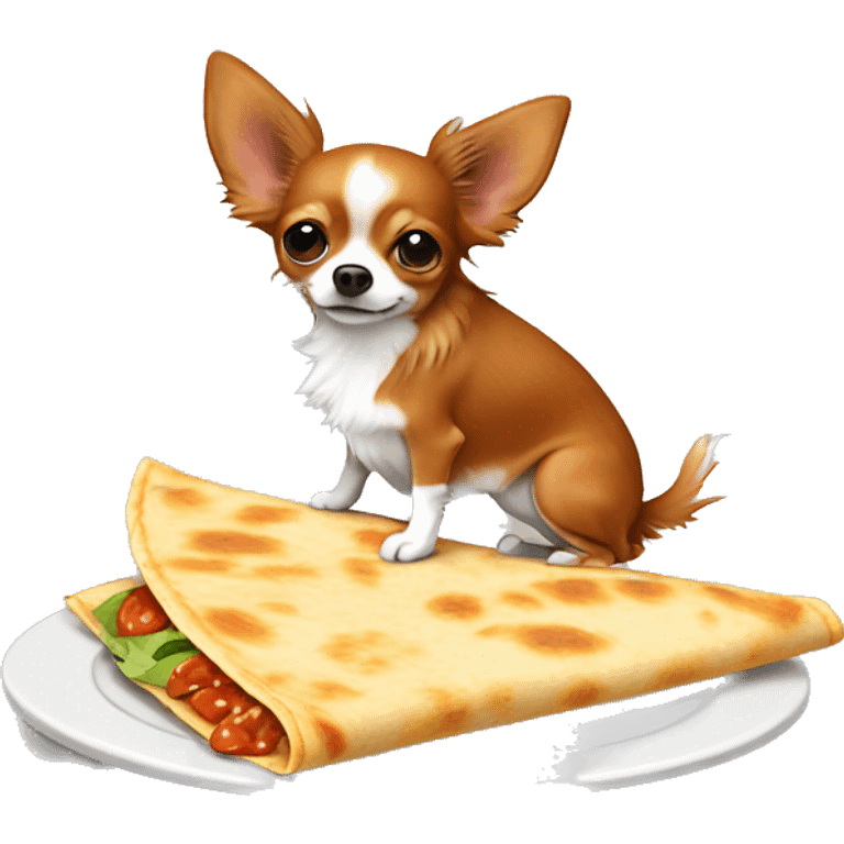 Long-haired reddish brown Chihuahua with white markings eating quesadilla emoji