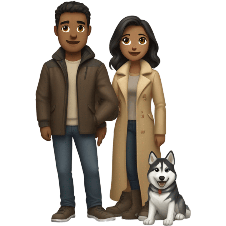 A couple man and woman Both have dark hair, with in the middle of them. A Husky. Golden beige emoji