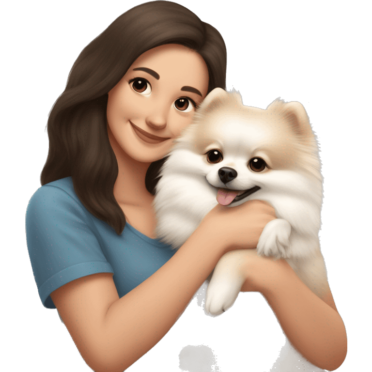 White and beige Pomeranian in the hands of a white young woman with dark brown hair smiling and cuddling the dog  emoji