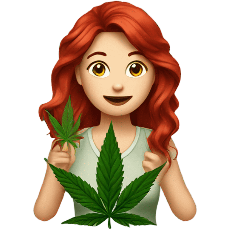 female deep red hair, sitting, holding marijuana leaf  emoji