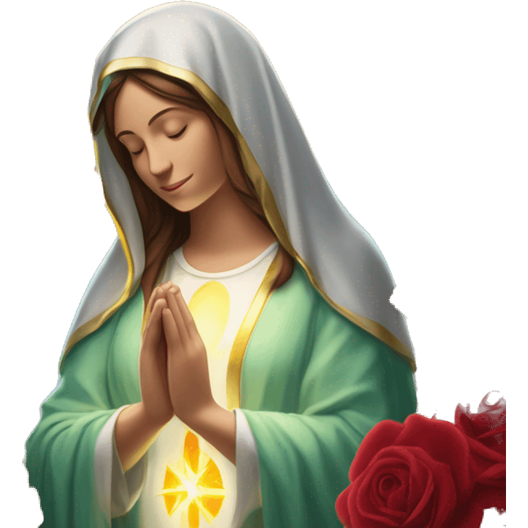 Virgin Mary: kind face looking down at the left, long brown hair, Wearing an emerald green  robe with gold stars and a burgundy red dress,  Hands in prayer or blessing. Halo around her head. standing in front of a big sun. colorful roses on the sides  emoji