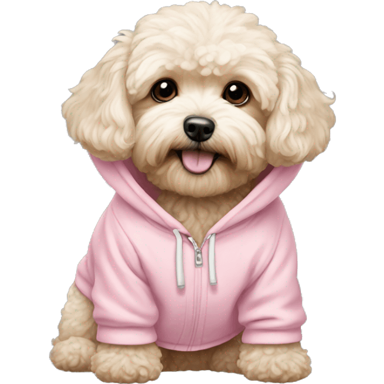 A Maltipoo dog that wears a light pink hoodie emoji