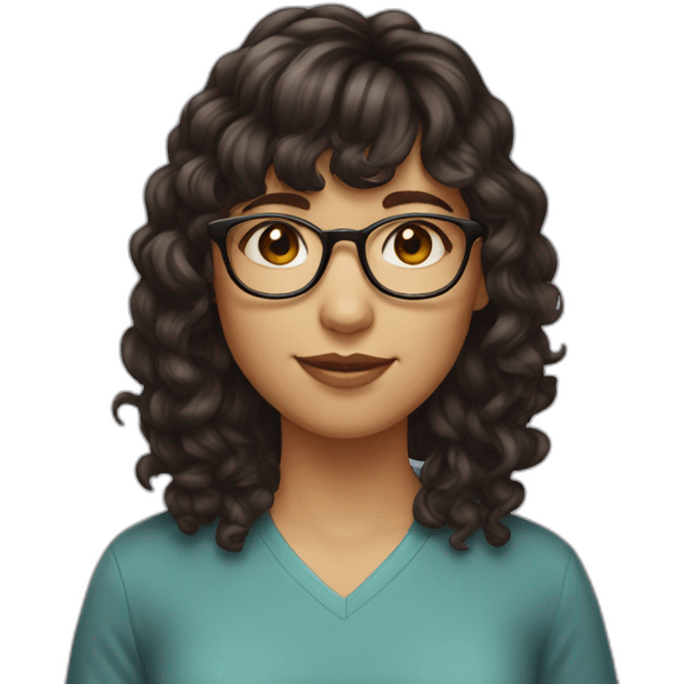 girl with short curly dark brown hair and bangs and she has thin glasses emoji