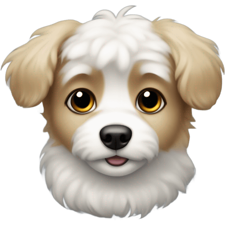 Slightly fluffy dog Small dog’s face with white muzzle, black fur around eyes and connects to floppy short ears, black nose, and a curious, sweet expression. emoji