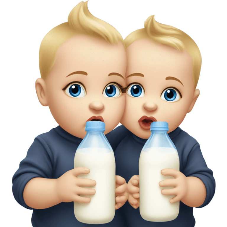 Two fat blue eyed baby twins drinking milk and doing duck lips emoji