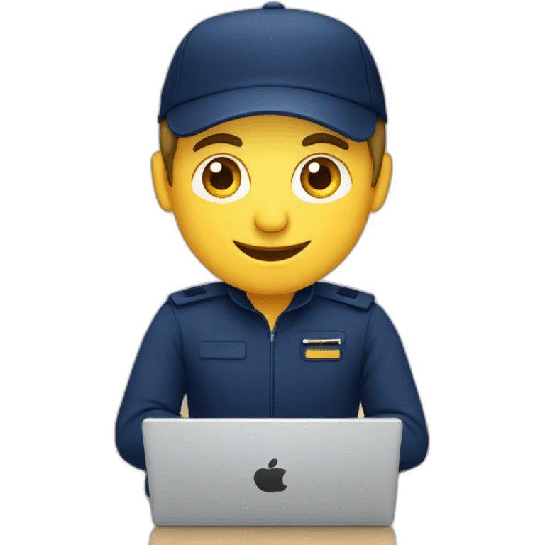 european guy wearing navy cap using laptop emoji