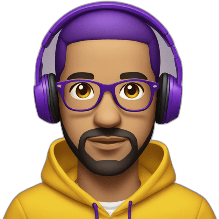 drake in purple hoodie and shiny yellow rectangular glasses wearing purple headphones emoji