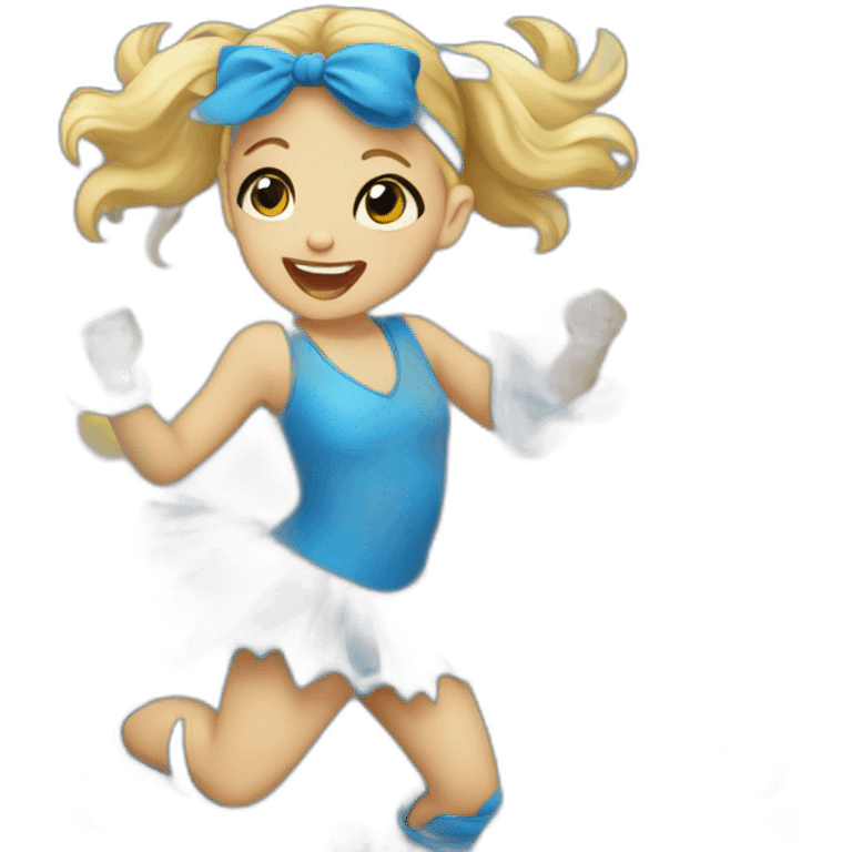 little blonde girl dancing in a blue bird costume emoji