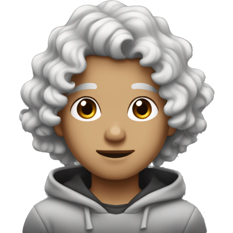 white boy with black wavy curls black eyes with grey hoodie  emoji