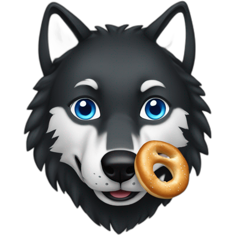 a black wolf with blue eyes eats a bretzel emoji