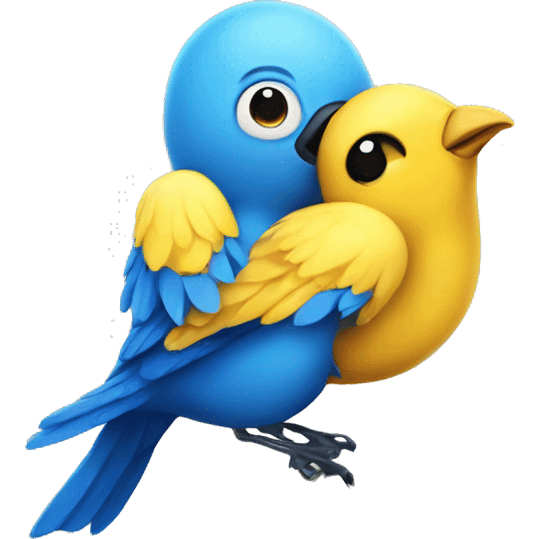 Blue rose bird hugging yellow cartoon bird emoji