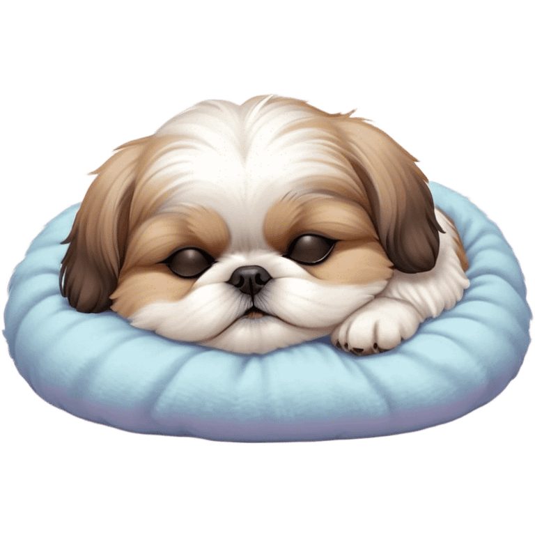 Meme-Worthy Cute Sleeping Shih Tzu Portrait Emoji, Head resting peacefully with a tender, contented smile and eyes delicately closed in serene slumber, showcasing a luxuriously fluffy fur in soft pastel tones, simplified yet irresistibly adorable, highly detailed, glowing with a warm, drowsy radiance, high shine, exuding calm, cozy charm, styled with a gentle, soft glowing outline, capturing the essence of a sleeping Shih Tzu that radiates utterly adorable, sleepy bliss! emoji