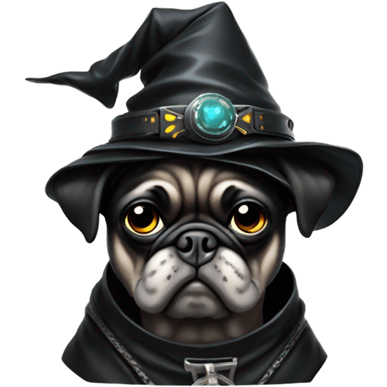 cyberpunk pug wearing a black wizard's hat emoji