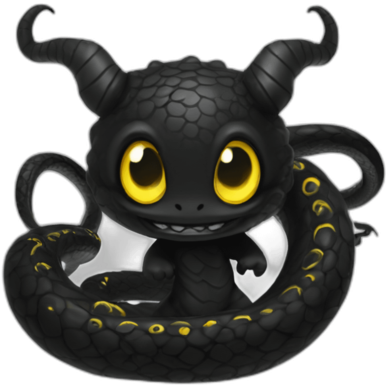 Chibi black serpent with horns and tentacles, 3 yellow eyes, dark black scales emoji