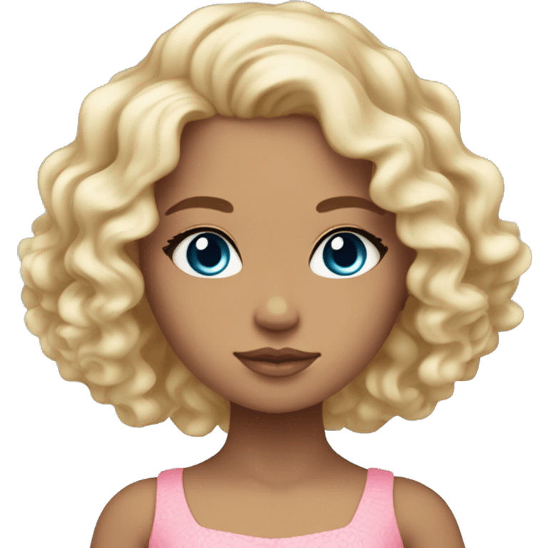 Tan skin, ocean blue doll eyes, blonde curly long hair, feminine, pink dress , girl, angelic emoji