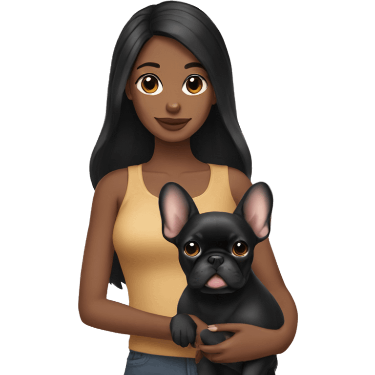 Black hair girl holding a  tan Frenchie emoji