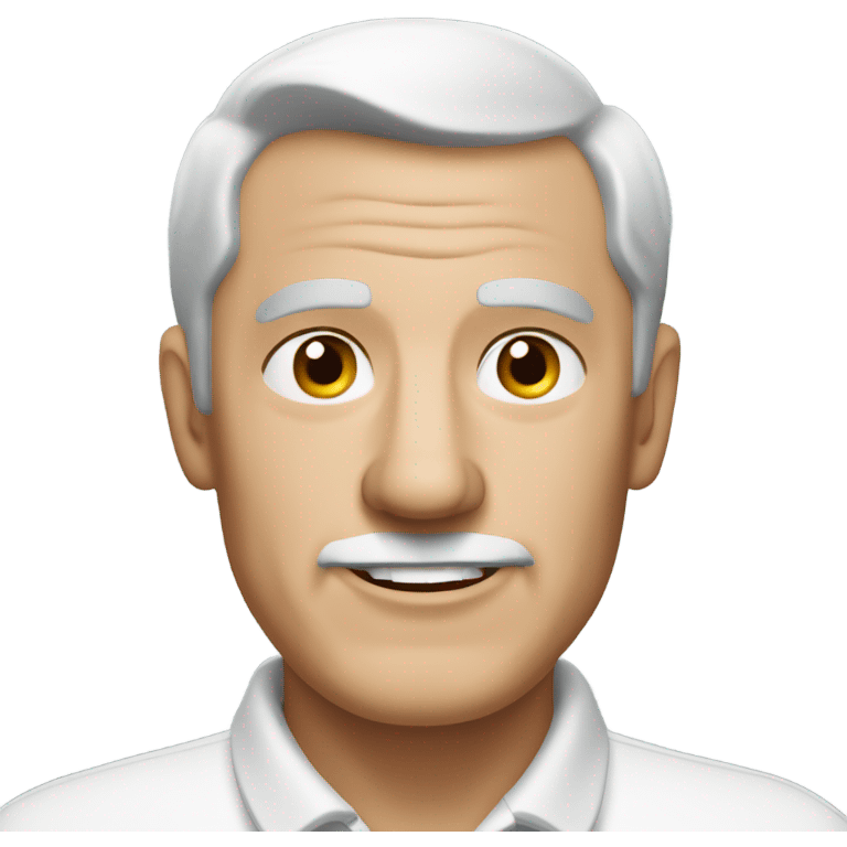 old english man, grey hair, clean shaven. wearing a white smart polo shirt with black buttons. emoji