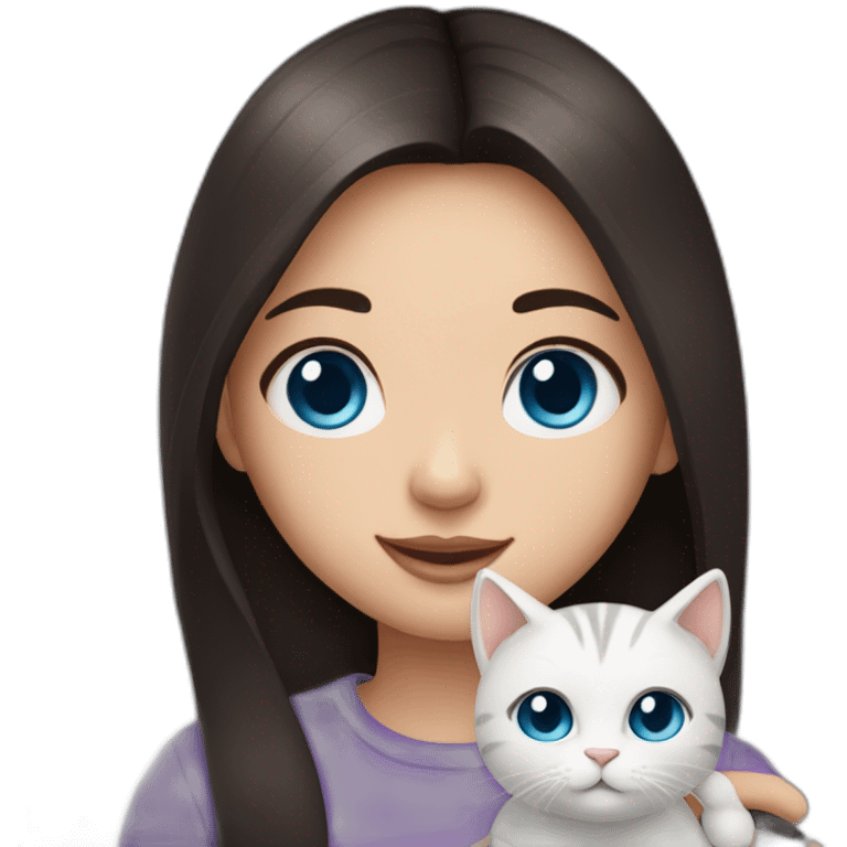 Cute girl with straight dark hair and blue eyes and hold a little cat emoji